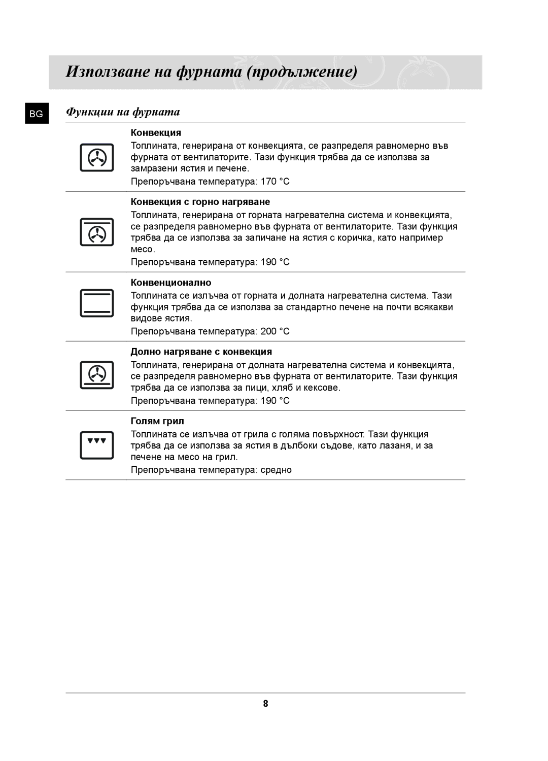 Samsung BF641FGBP2/BOL, PKG009/BOL, PKG008/BOL, BF641FSTP/BOL manual Използване на фурната продължение, Функции на фурната 