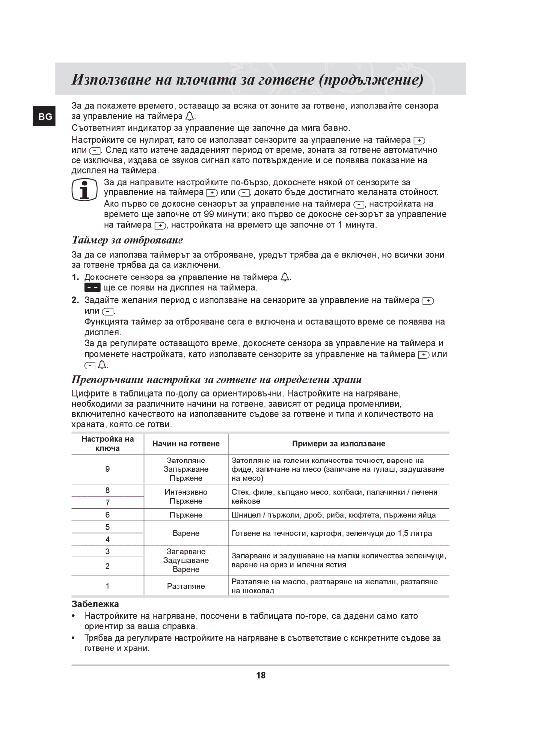 Samsung PKG009/BOL, PKG008/BOL manual Таймер за отброяване, Препоръчвани настройка за готвене на определени храни 