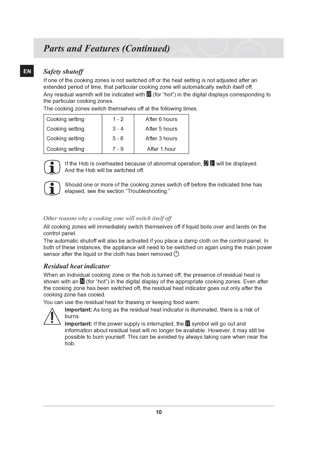 Samsung PKG009/BOL, PKG008/BOL manual EN Safety shutoff, Residual heat indicator 