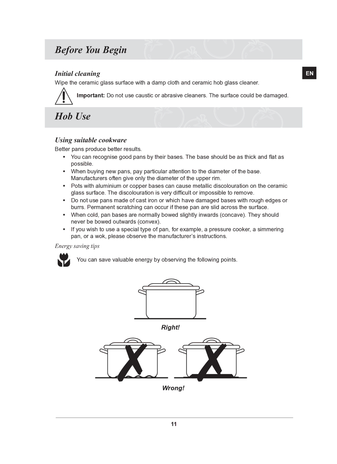 Samsung PKG008/BOL, PKG009/BOL manual Before You Begin, Hob Use, Initial cleaning, Using suitable cookware 