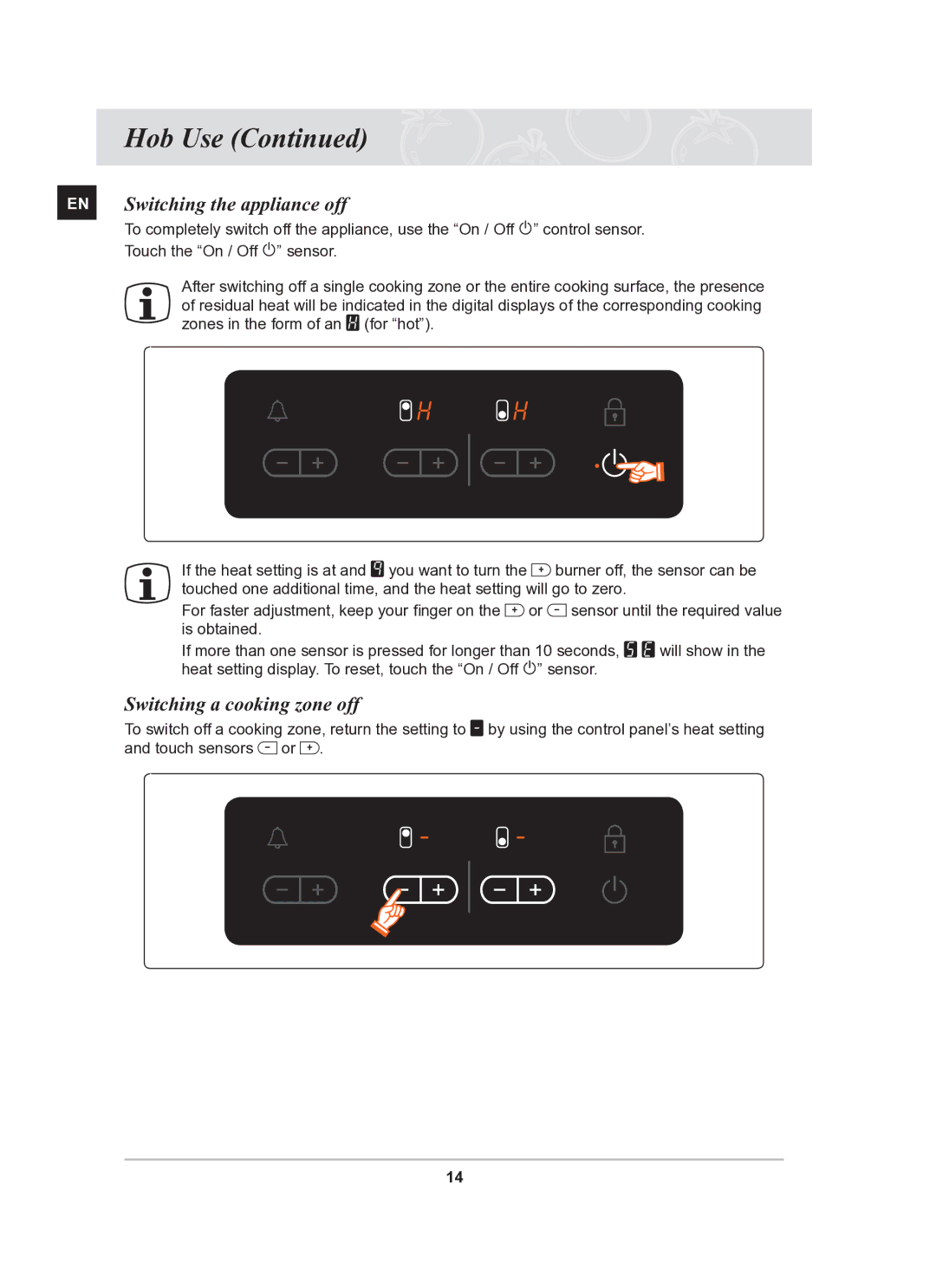 Samsung PKG009/BOL, PKG008/BOL manual EN Switching the appliance off, Switching a cooking zone off 