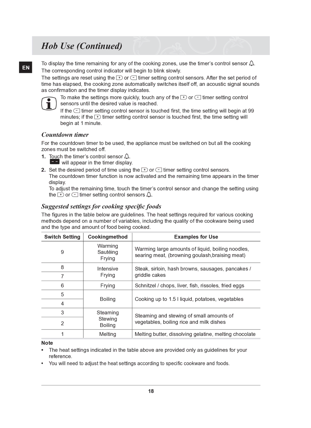 Samsung PKG009/BOL, PKG008/BOL manual Countdown timer, Suggested settings for cooking specific foods 