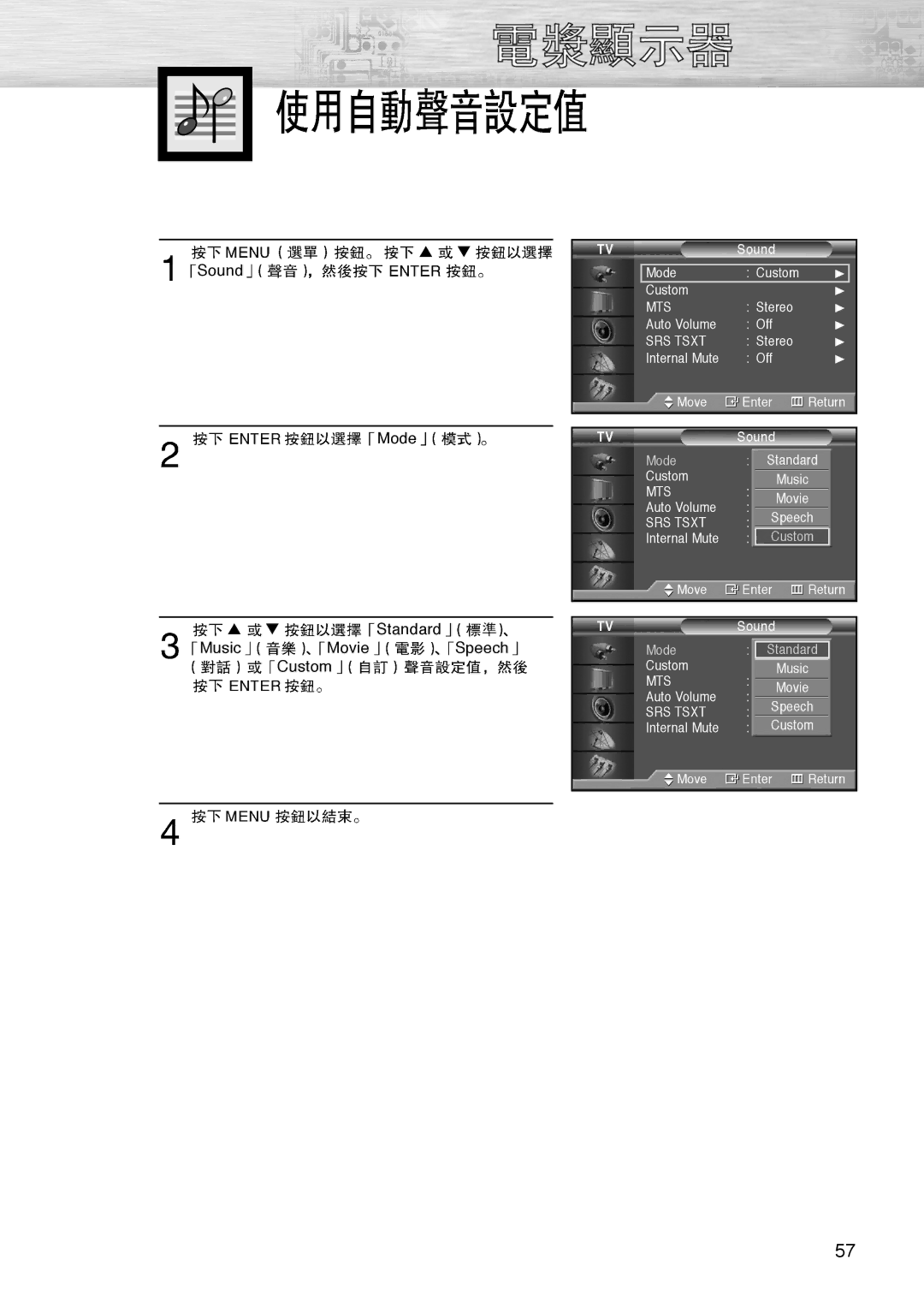 Samsung PL-42D4S manual Sound Mode Standard Music Movie Speech Custom 