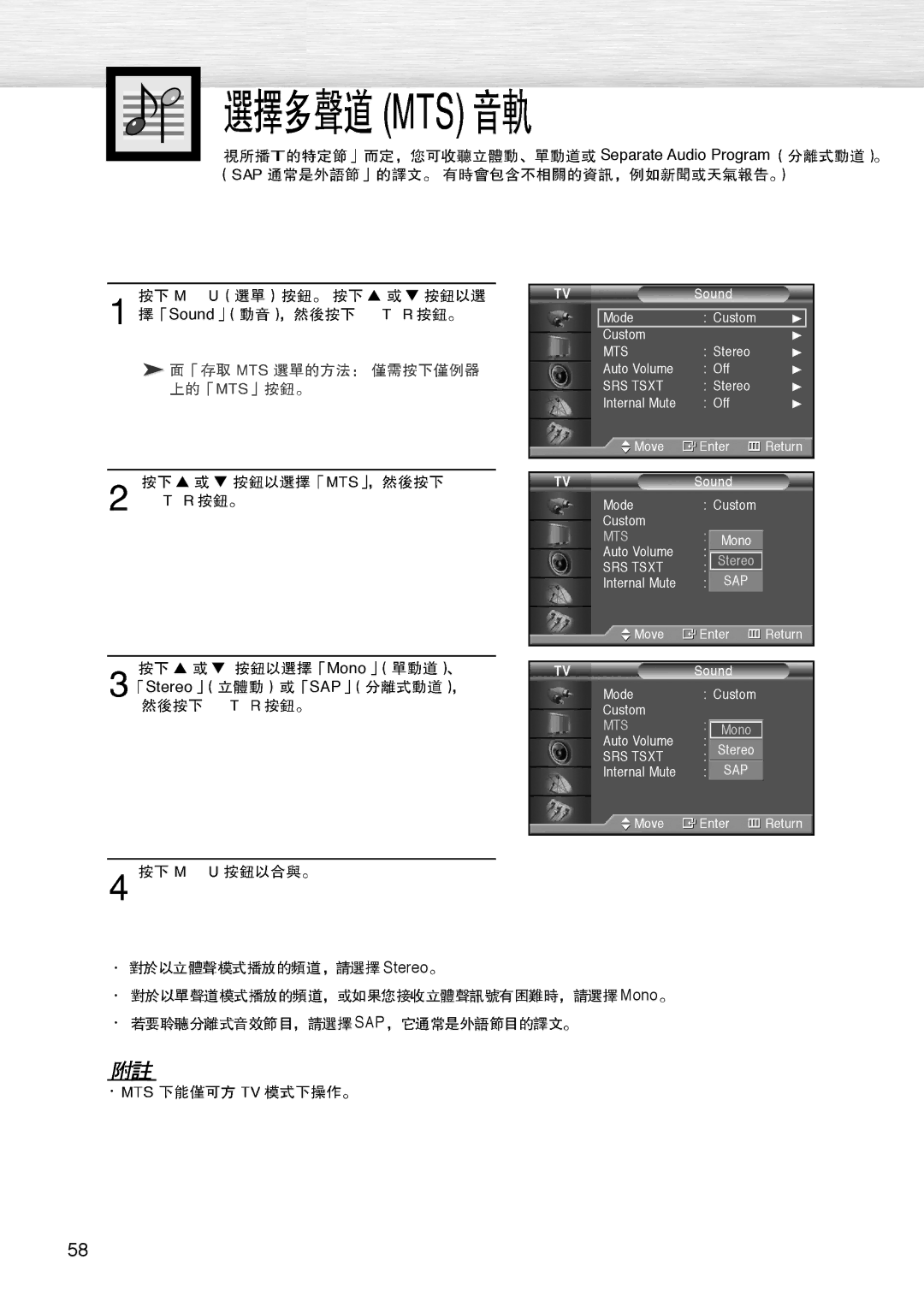 Samsung PL-42D4S manual Separate Audio Program Sound, Stereo Mono SAP 