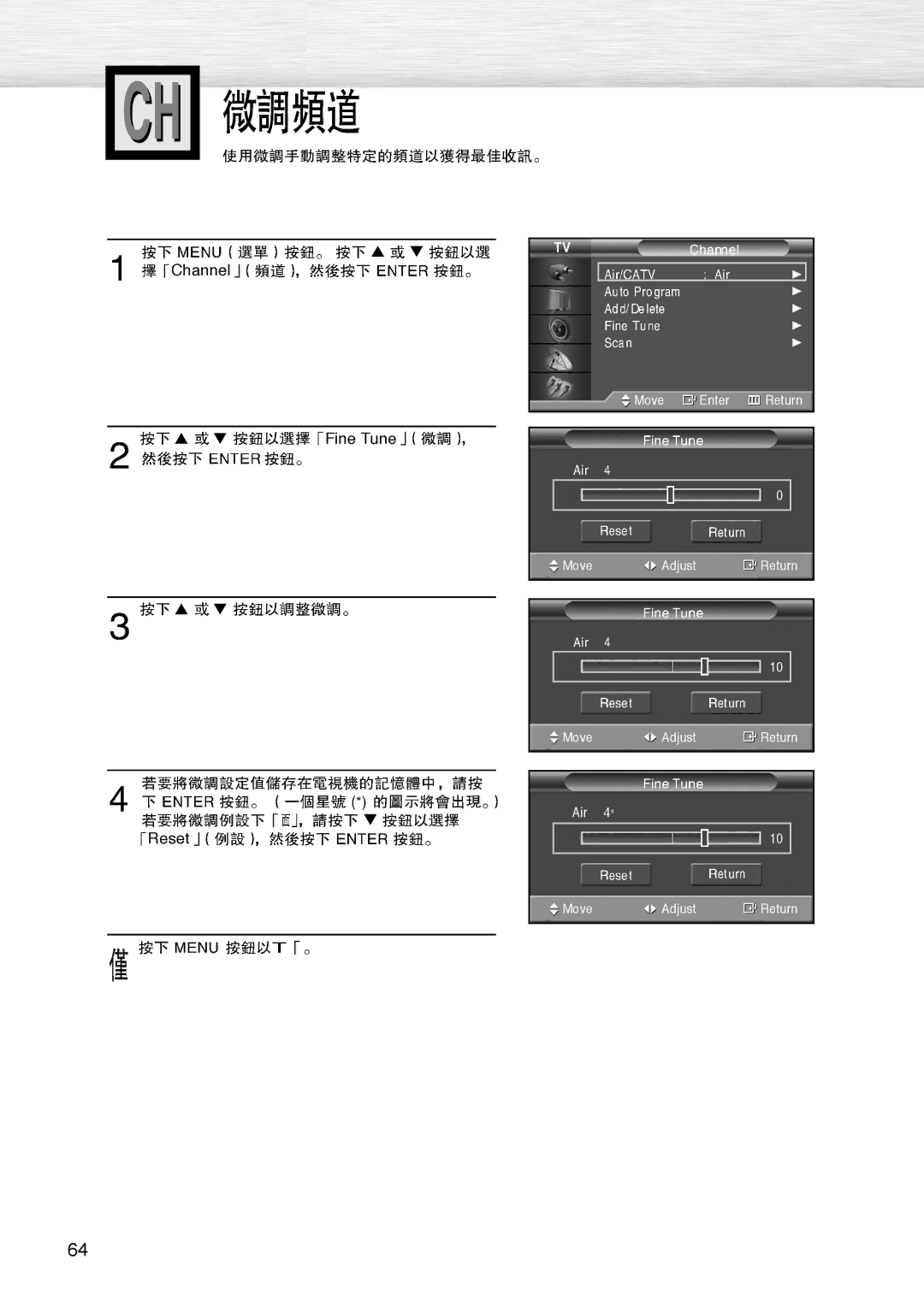 Samsung PL-42D4S manual Channel Fine Tune Reset 