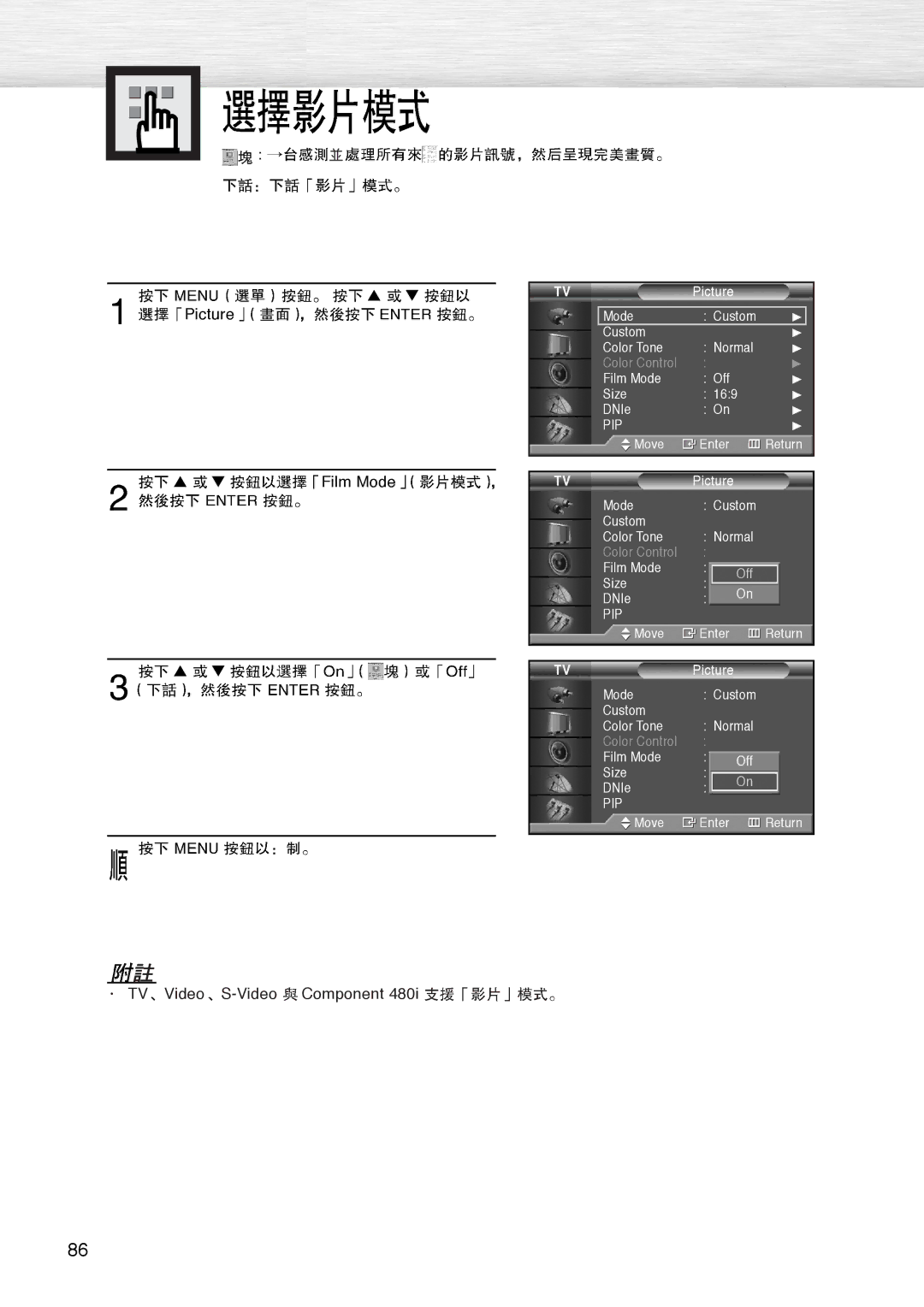 Samsung PL-42D4S manual Picture Film Mode, TV Video S-Video Component 