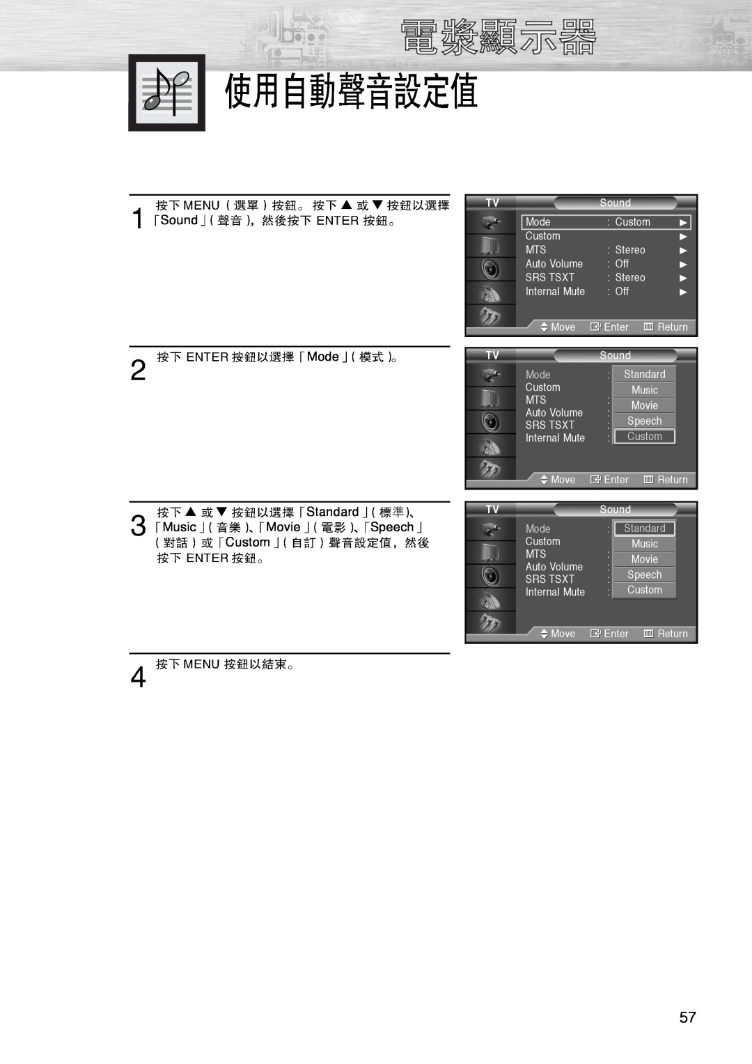 Samsung PL-42D4S manual Sound Mode Standard MusicMovie Speech Custom, OffCustom, Custom Standard, CustomStandard 