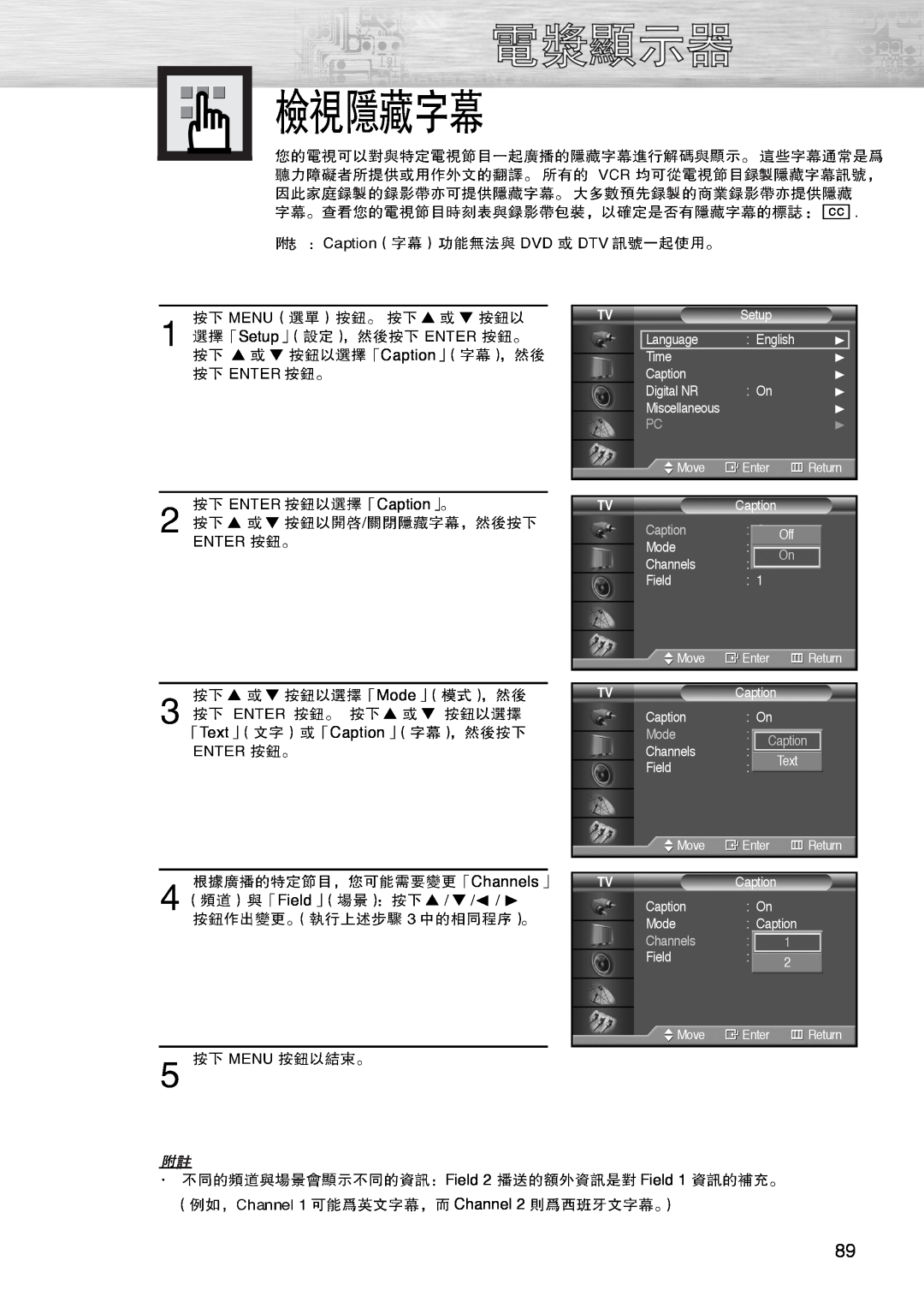 Samsung PL-42D4S manual Mode, Caption, Channels 