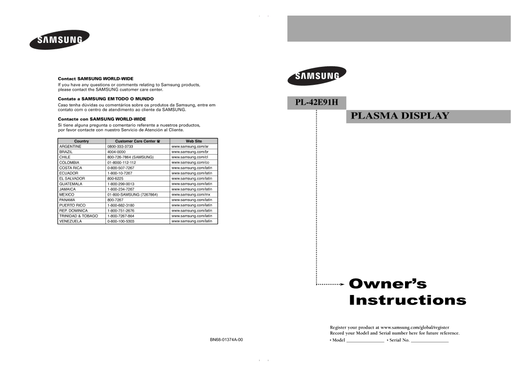 Samsung PL-42E91H manual Model Serial No, Contact Samsung WORLD-WIDE 