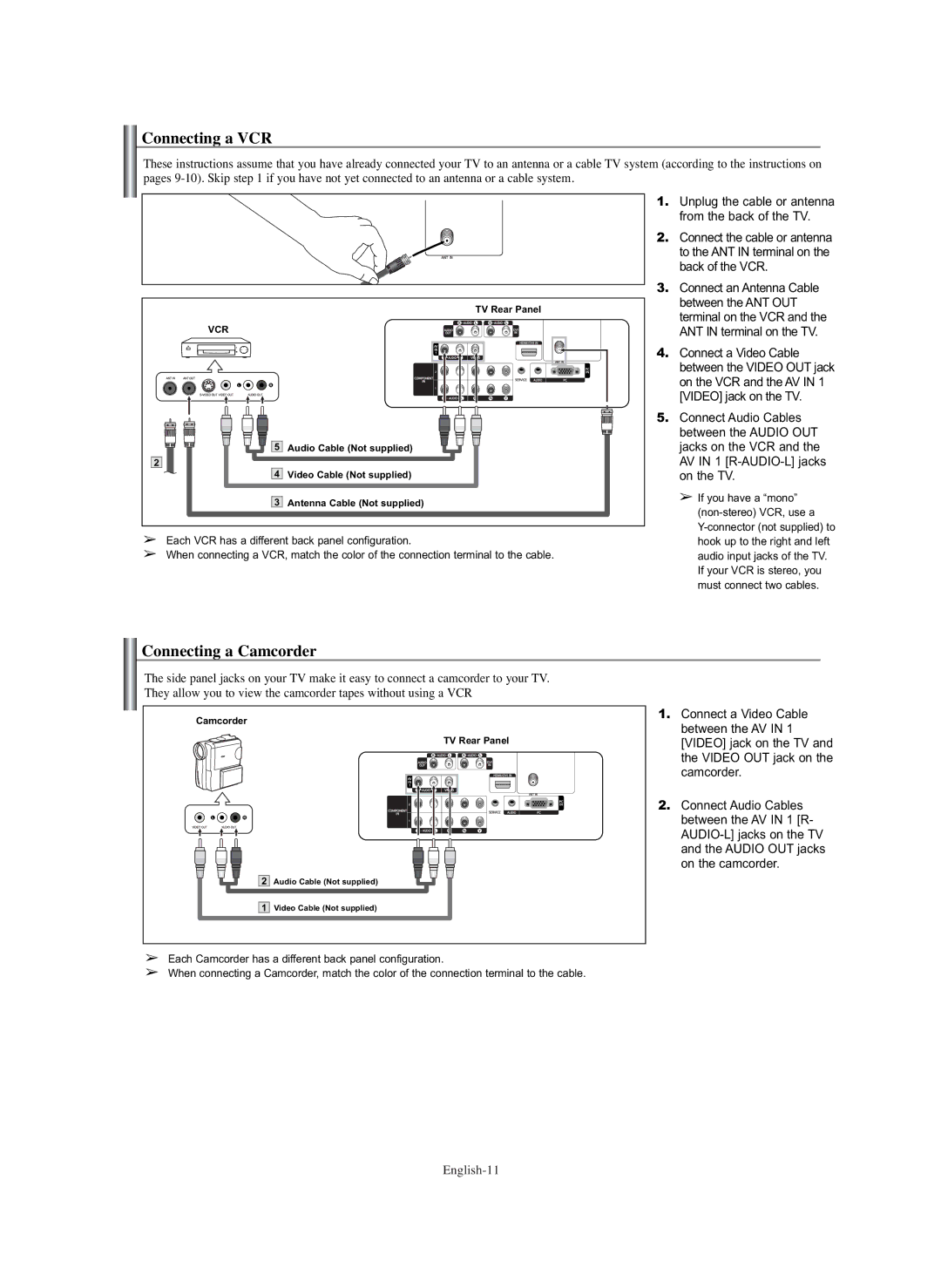 Samsung PL-42E91H manual Connecting a VCR, Connecting a Camcorder 