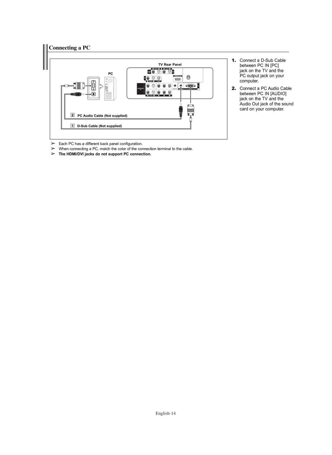 Samsung PL-42E91H manual Connecting a PC, HDMI/DVI jacks do not support PC connection 