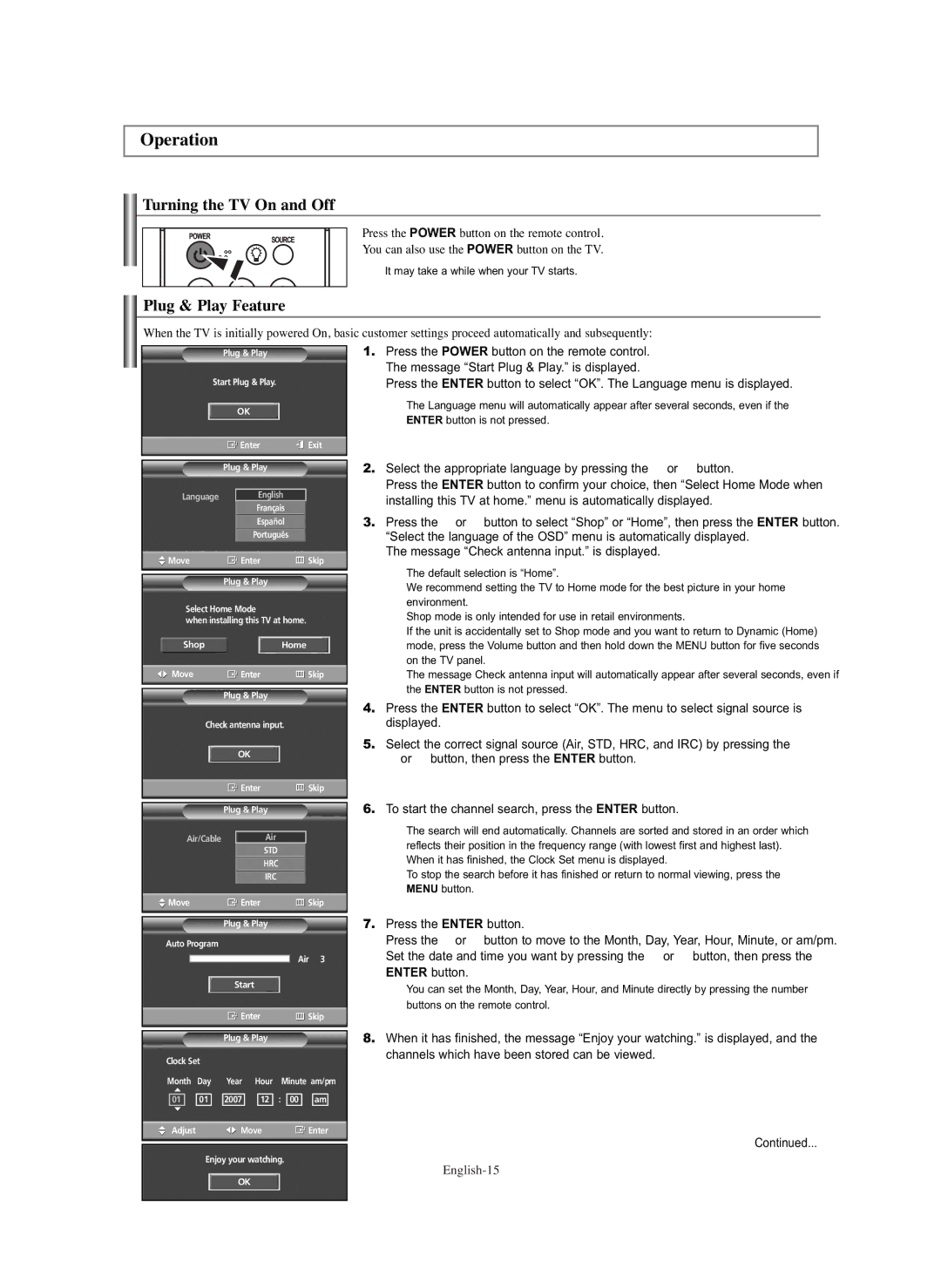 Samsung PL-42E91H manual Operation, Turning the TV On and Off, Plug & Play Feature 