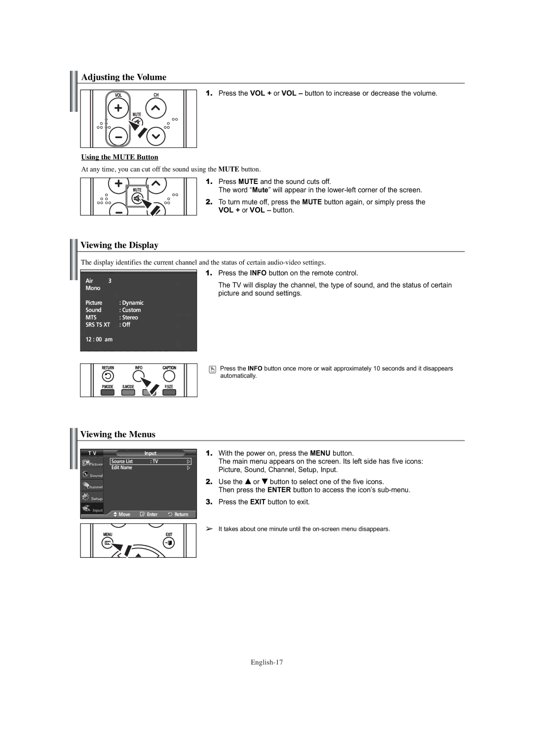 Samsung PL-42E91H manual Adjusting the Volume, Viewing the Display, Viewing the Menus, Using the Mute Button 