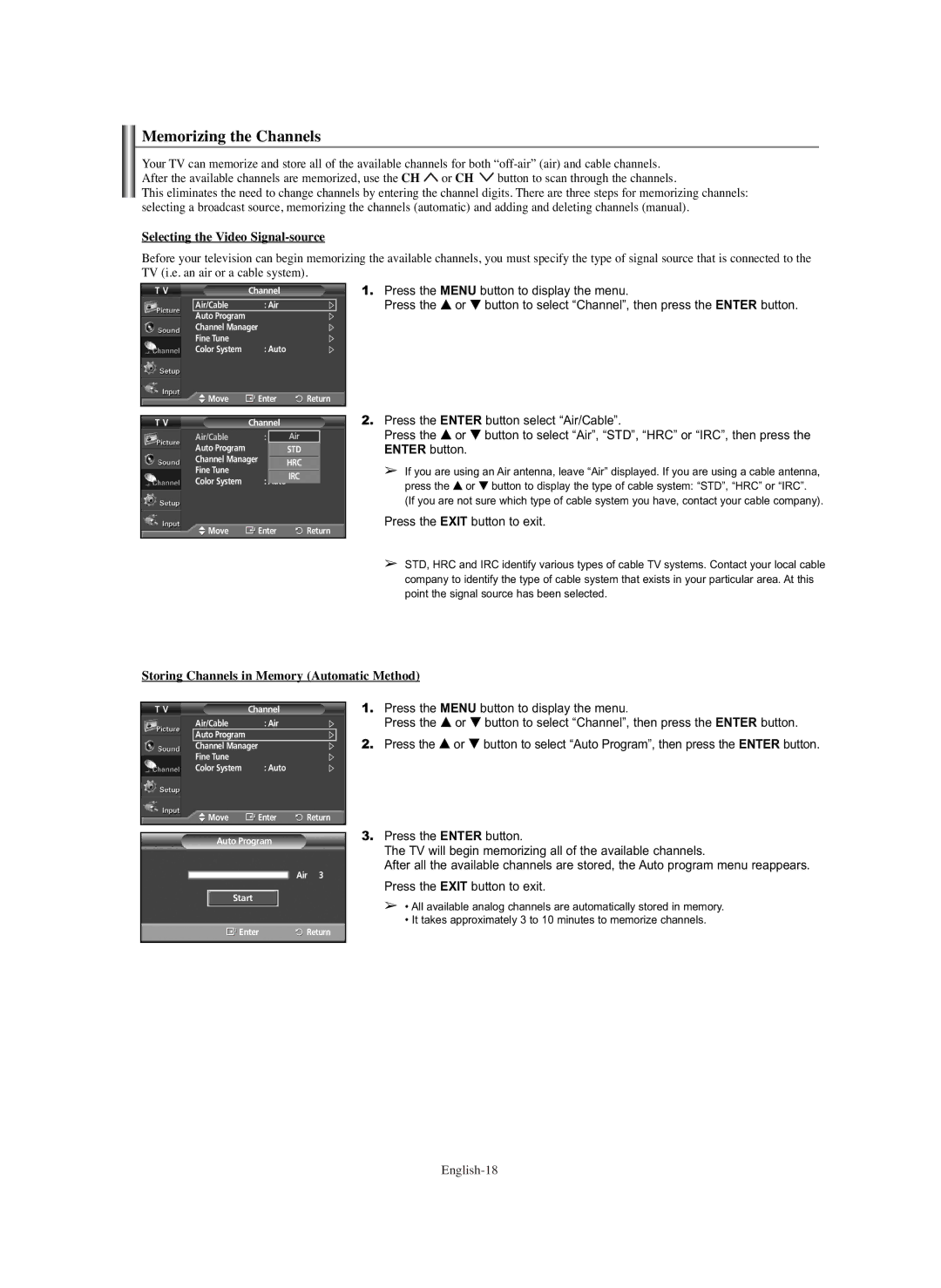 Samsung PL-42E91H Memorizing the Channels, Selecting the Video Signal-source, Storing Channels in Memory Automatic Method 