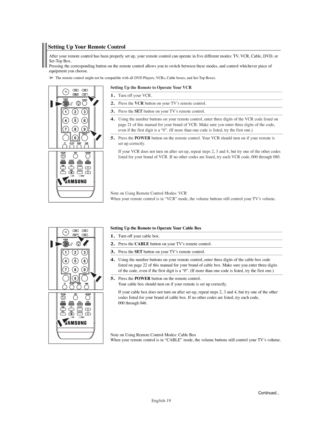 Samsung PL-42E91H manual Setting Up Your Remote Control 