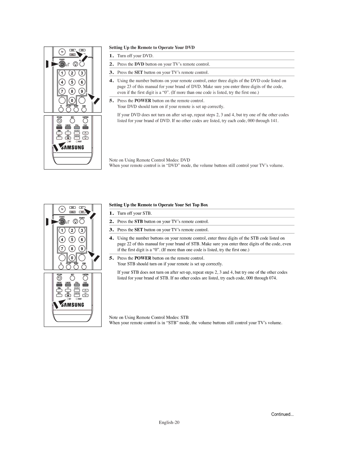 Samsung PL-42E91H manual Setting Up the Remote to Operate Your DVD, Setting Up the Remote to Operate Your Set Top Box 