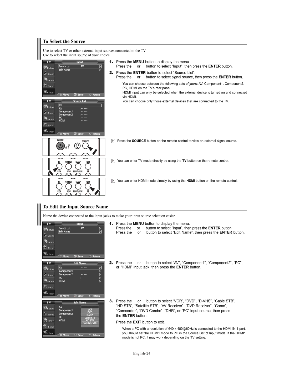 Samsung PL-42E91H manual To Select the Source, To Edit the Input Source Name 