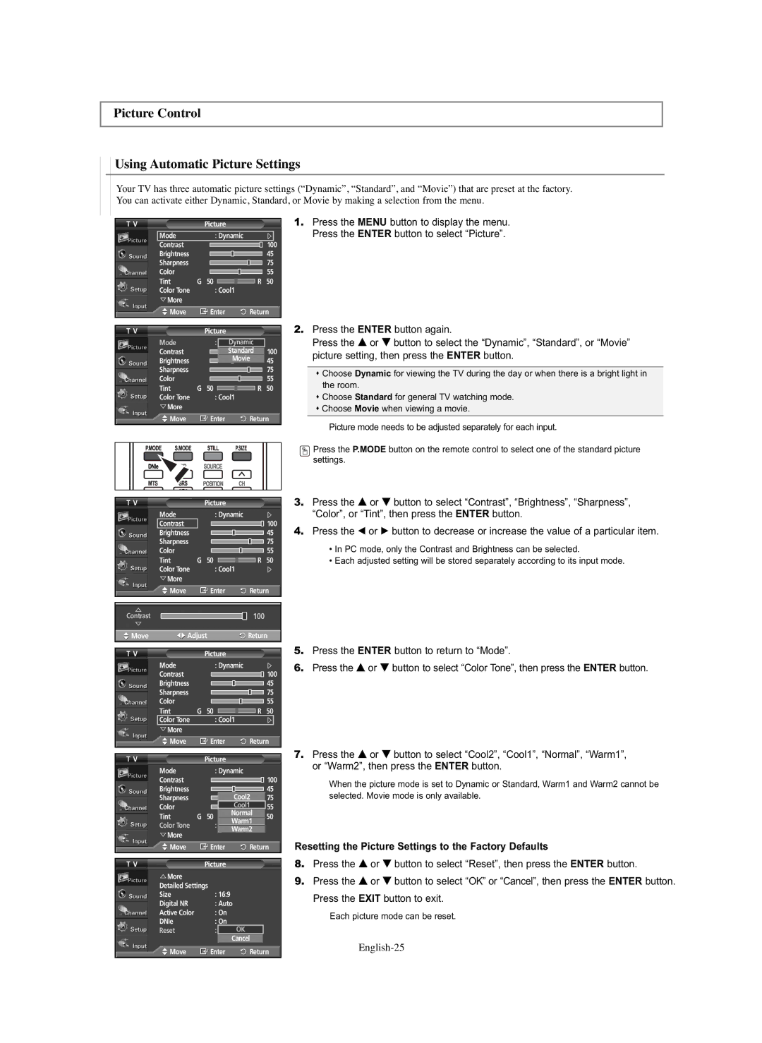 Samsung PL-42E91H Picture Control Using Automatic Picture Settings, Resetting the Picture Settings to the Factory Defaults 