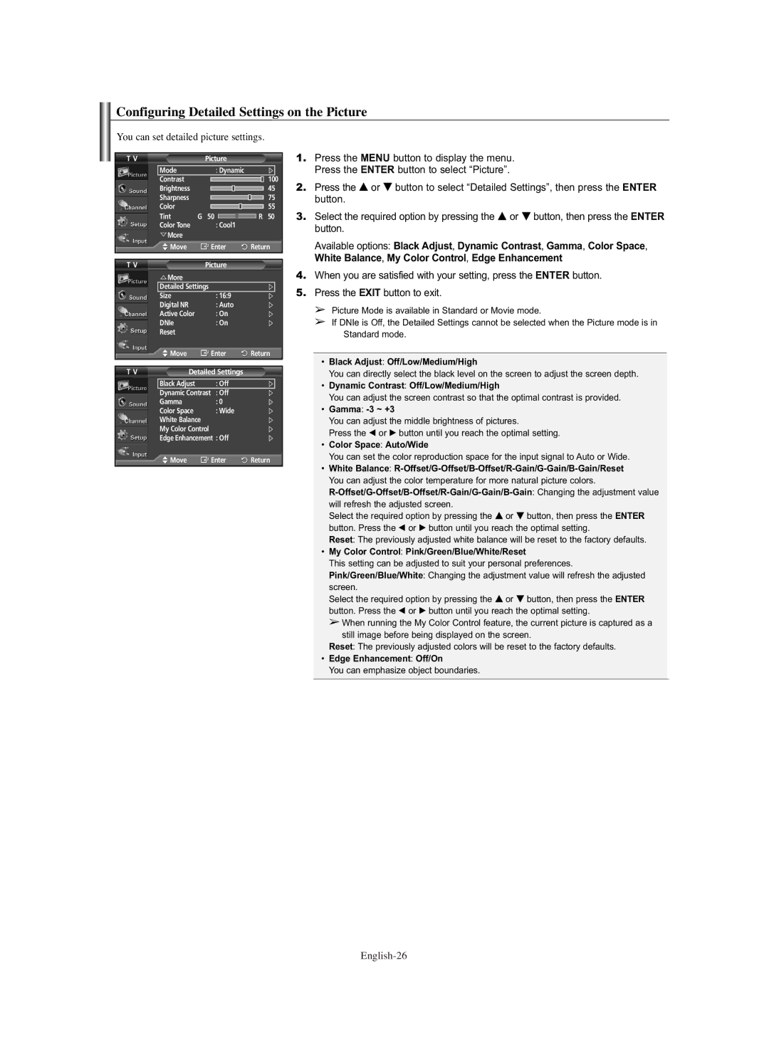 Samsung PL-42E91H manual Configuring Detailed Settings on the Picture 