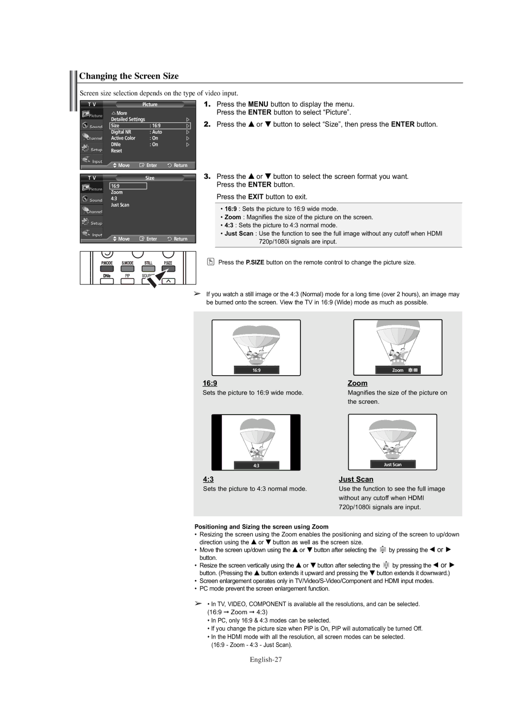 Samsung PL-42E91H manual Changing the Screen Size, 169, Just Scan, Positioning and Sizing the screen using Zoom 