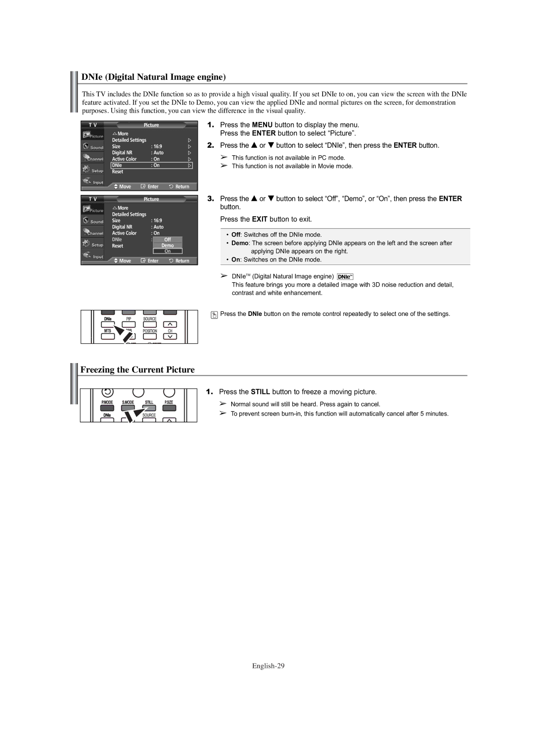 Samsung PL-42E91H manual DNIe Digital Natural Image engine, Freezing the Current Picture 