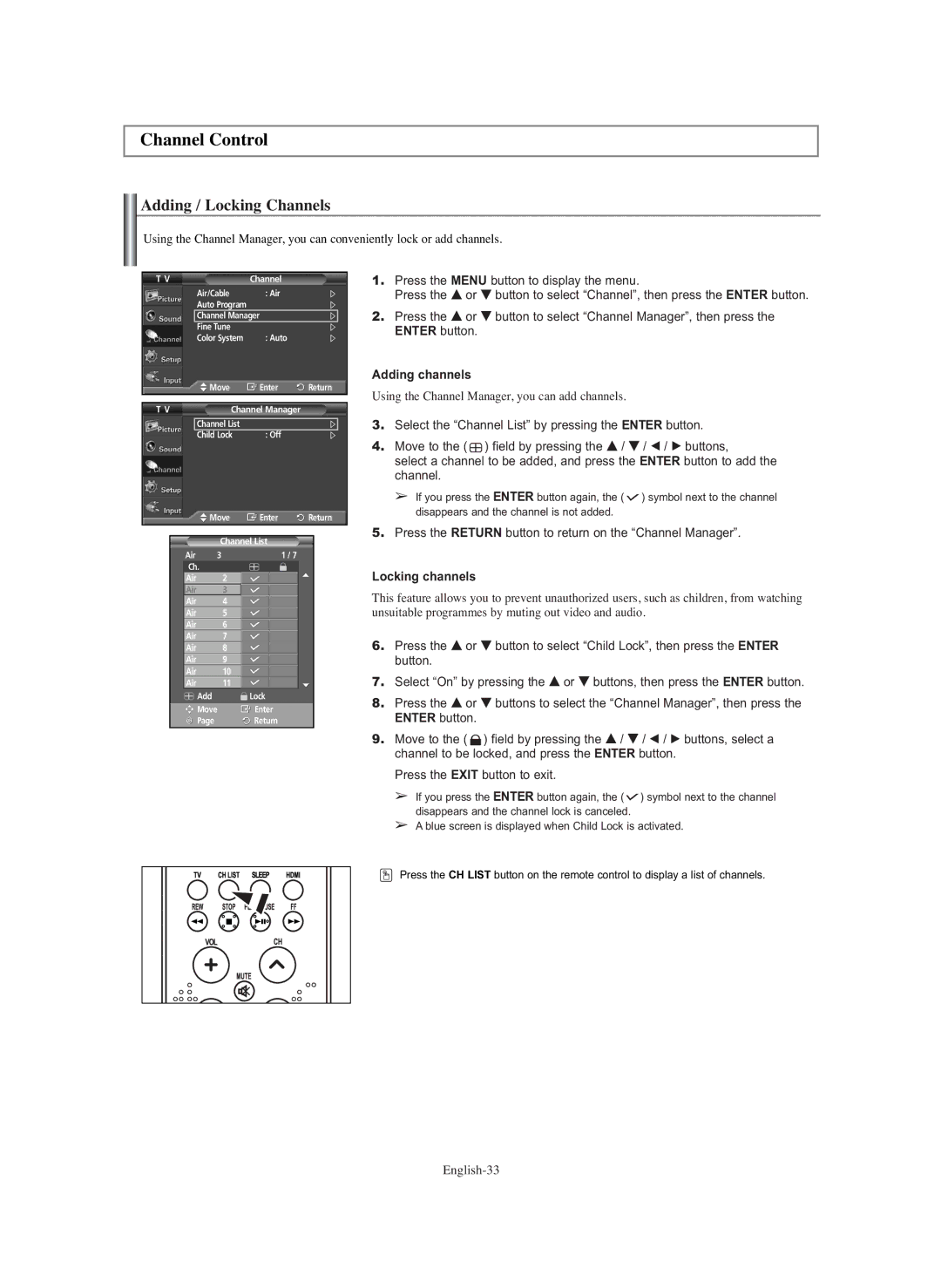 Samsung PL-42E91H manual Channel Control, Adding / Locking Channels 