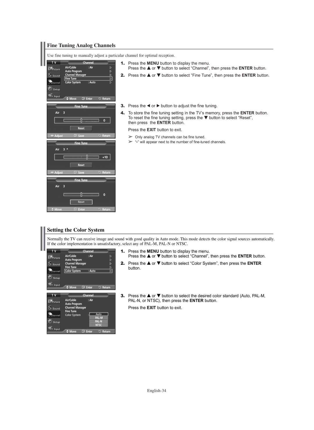 Samsung PL-42E91H manual Fine Tuning Analog Channels, Setting the Color System 