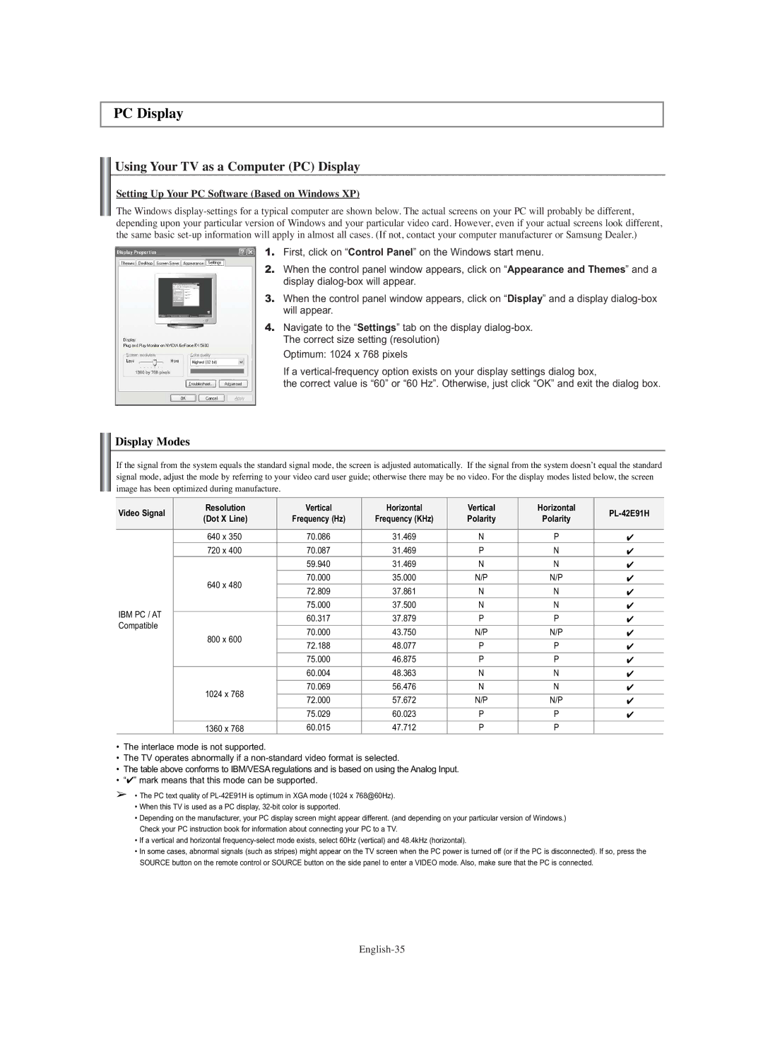 Samsung manual PC Display, Setting Up Your PC Software Based on Windows XP, Resolution Vertical Horizontal PL-42E91H 