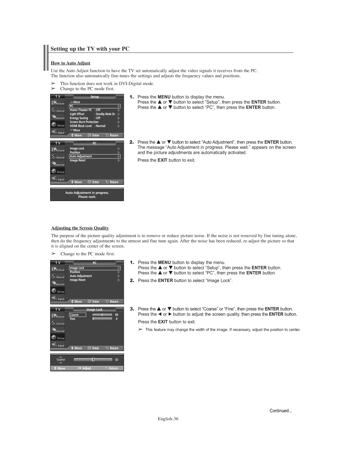 Samsung PL-42E91H manual How to Auto Adjust, Adjusting the Screen Quality 