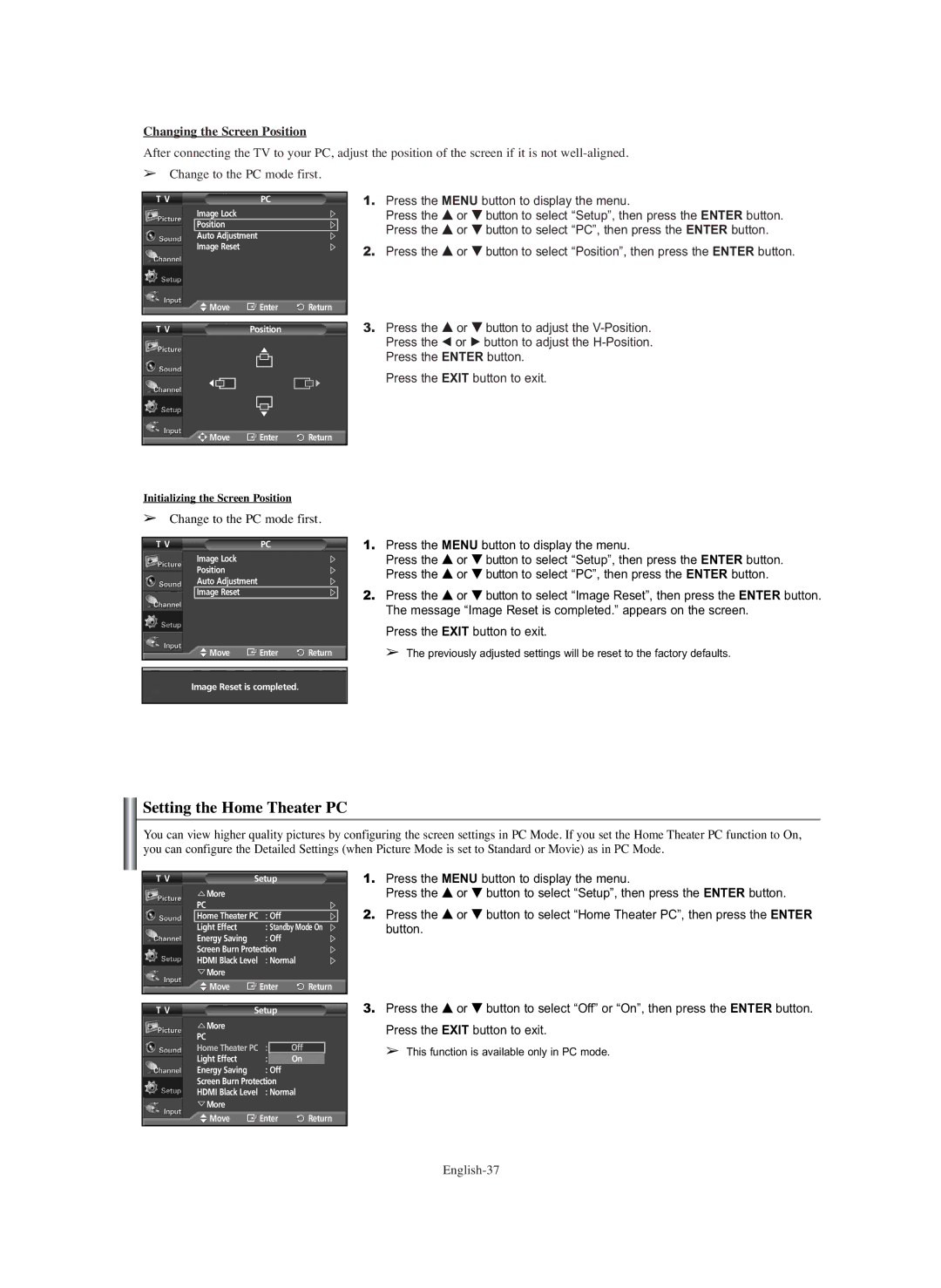 Samsung PL-42E91H manual Setting the Home Theater PC, Changing the Screen Position 