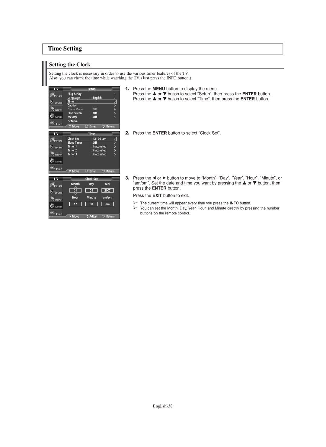 Samsung PL-42E91H manual Time Setting, Setting the Clock 