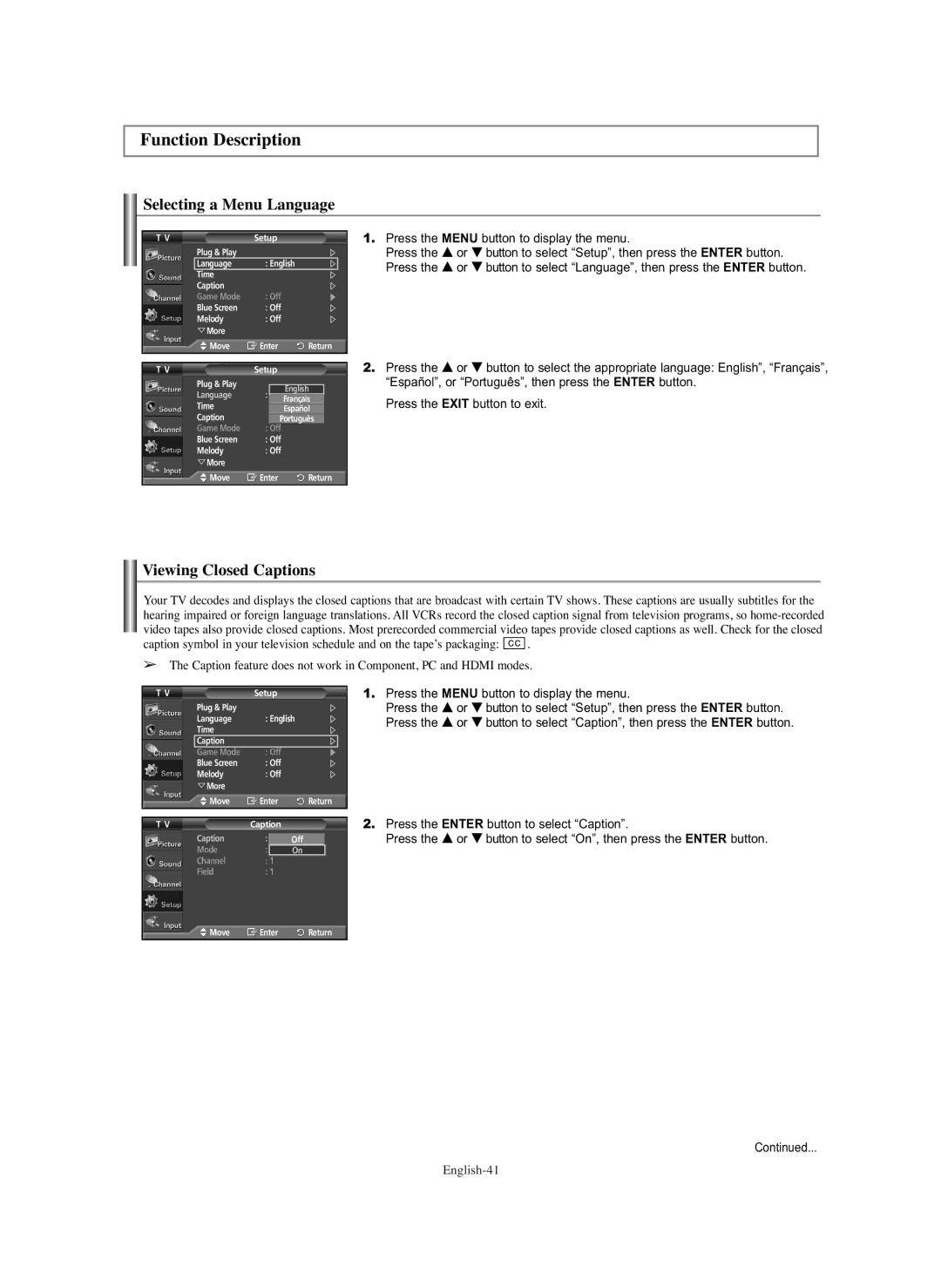 Samsung PL-42E91H manual Function Description, Selecting a Menu Language, Viewing Closed Captions 