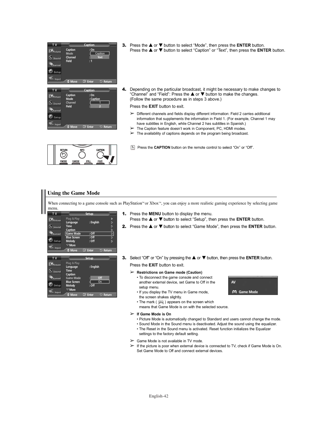 Samsung PL-42E91H manual Using the Game Mode, Restrictions on Game mode Caution, If Game Mode is On 