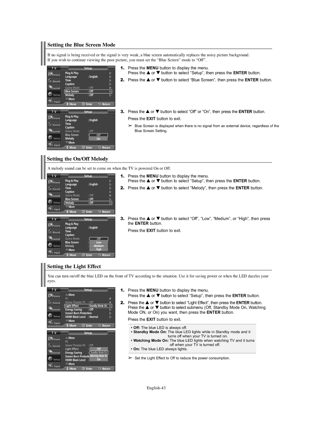 Samsung PL-42E91H manual Setting the Blue Screen Mode, Setting the On/Off Melody, Setting the Light Effect 