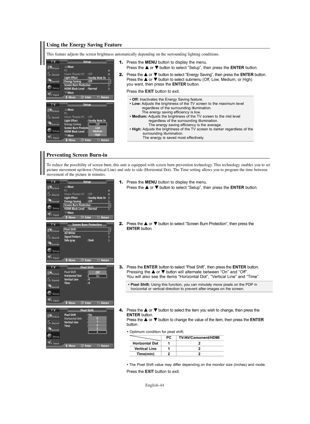 Samsung PL-42E91H manual Using the Energy Saving Feature, Preventing Screen Burn-in 