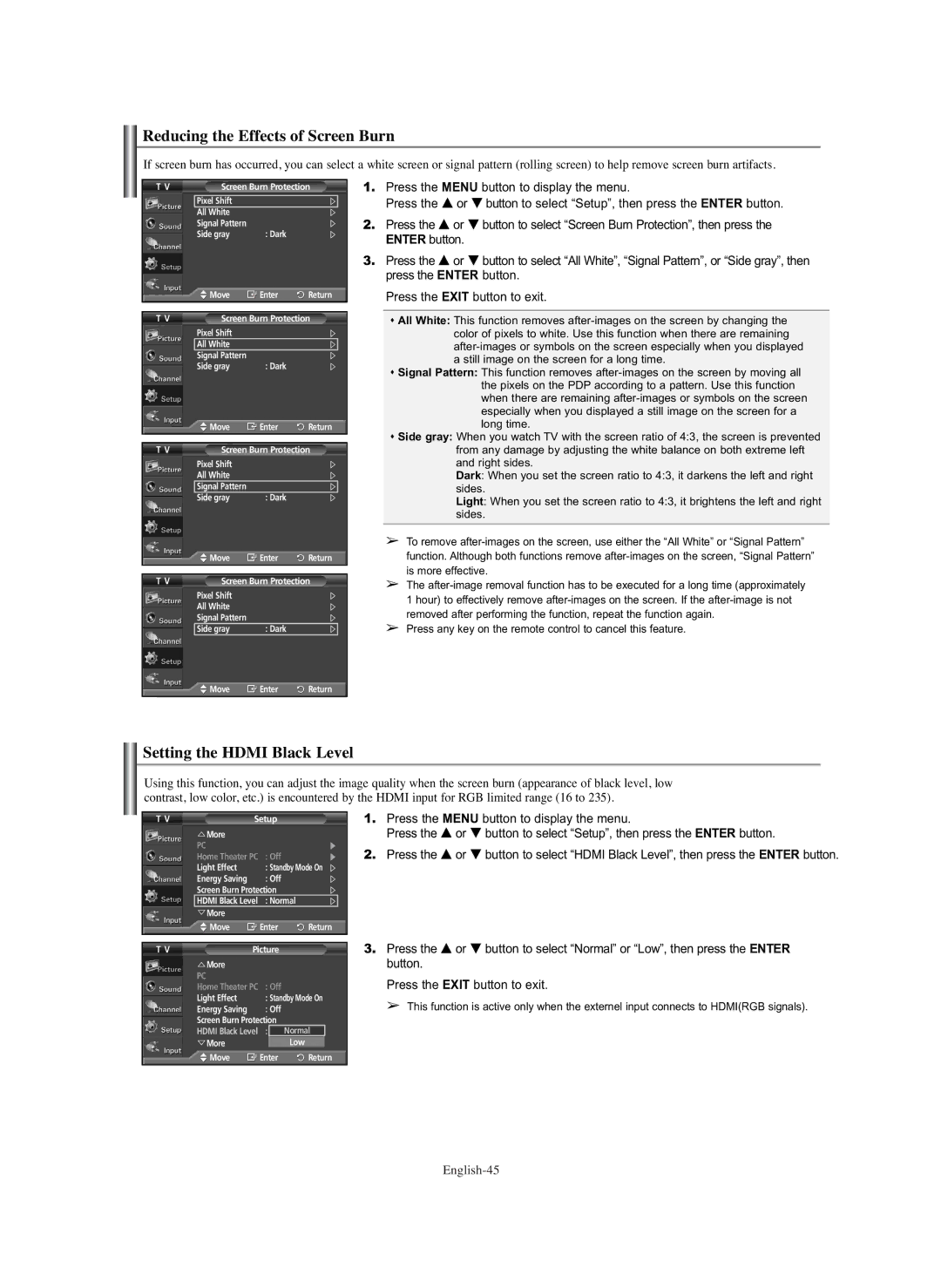 Samsung PL-42E91H manual Reducing the Effects of Screen Burn, Setting the Hdmi Black Level 