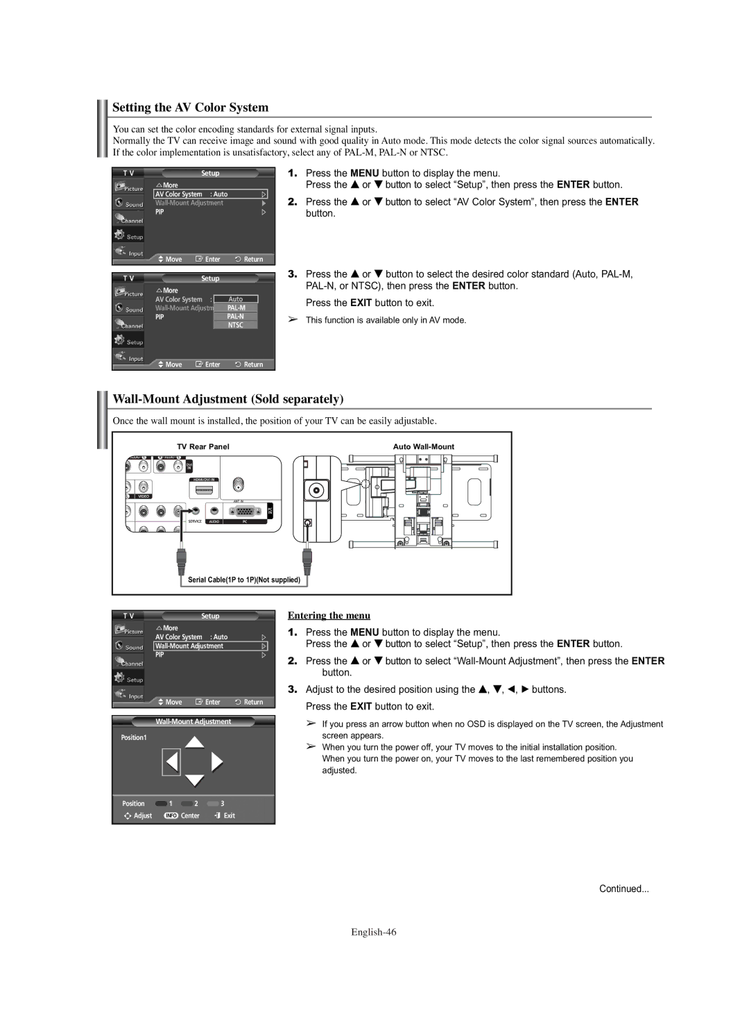 Samsung PL-42E91H manual Setting the AV Color System, Wall-Mount Adjustment Sold separately, Entering the menu 