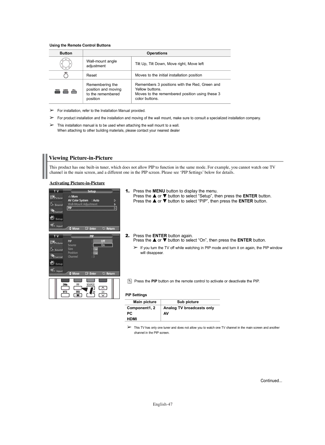 Samsung PL-42E91H Viewing Picture-in-Picture, Activating Picture-in-Picture, Using the Remote Control Buttons Operations 