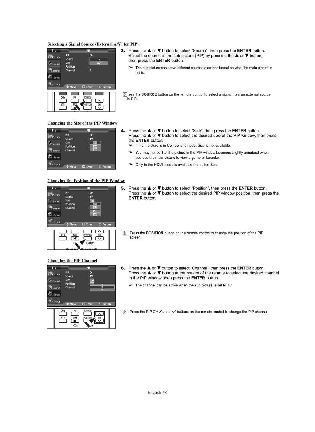 Samsung PL-42E91H manual Selecting a Signal Source External A/V for PIP, Changing the Position of the PIP Window 