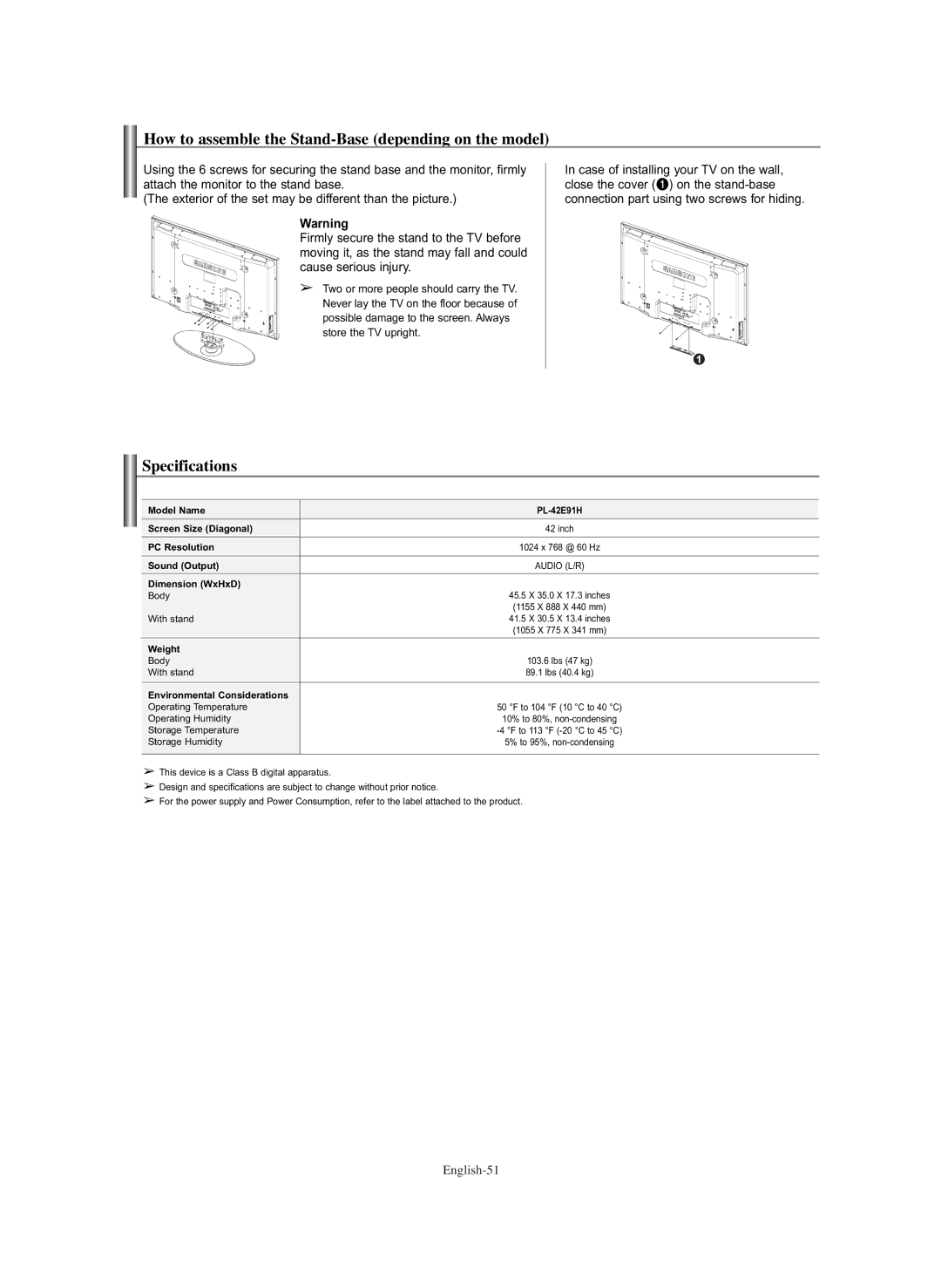 Samsung PL-42E91H manual How to assemble the Stand-Base depending on the model, Specifications 