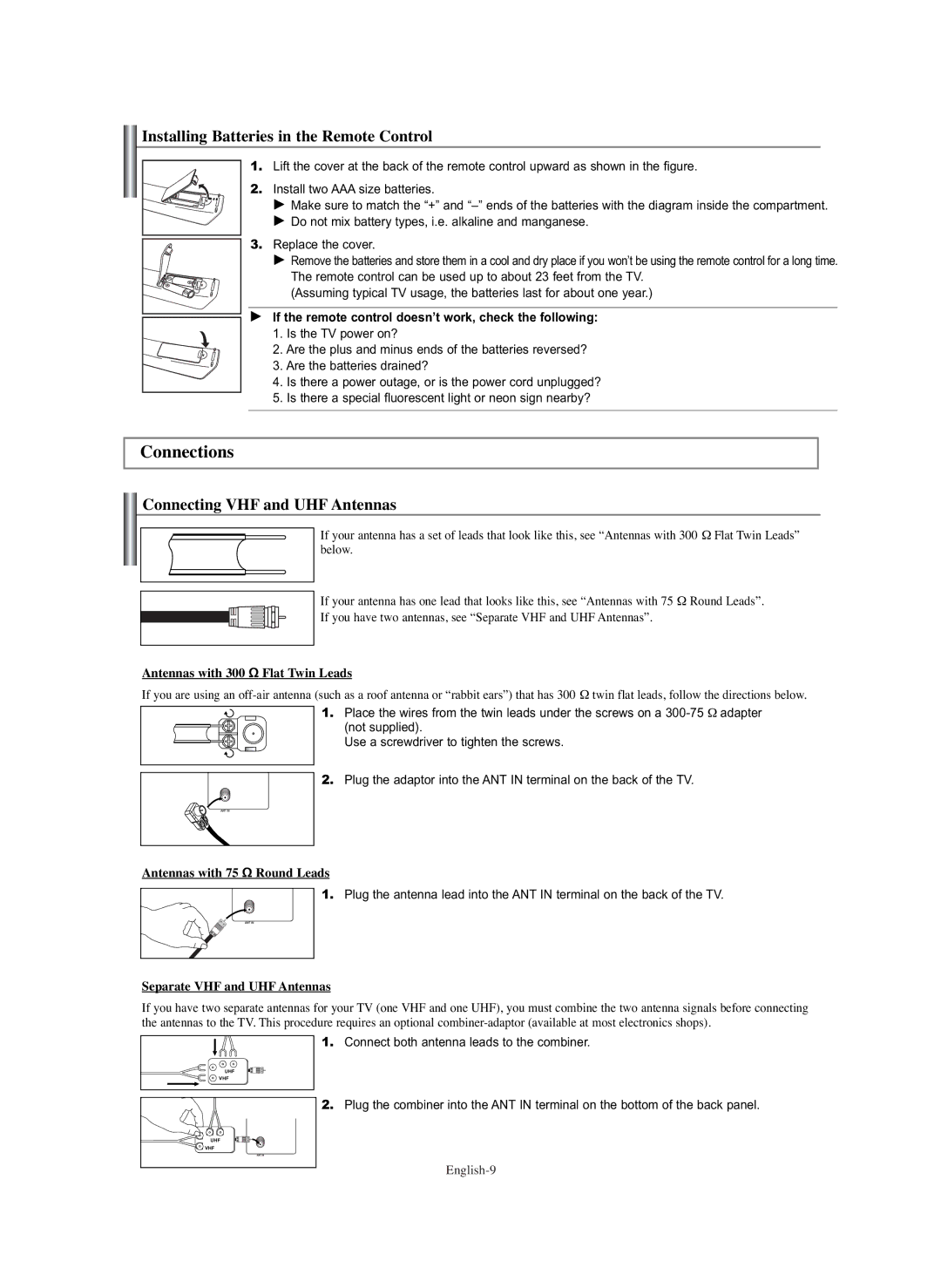 Samsung PL-42E91H manual Connections, Installing Batteries in the Remote Control, Connecting VHF and UHF Antennas 