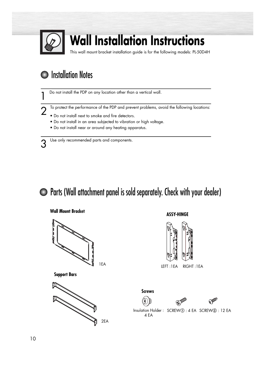 Samsung PL-50D4H manual Wall Installation Instructions, Installation Notes, Wall Mount Bracket, Support Bars Screws 