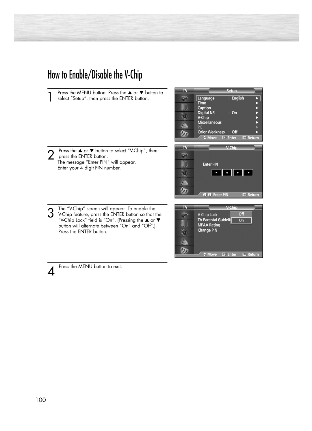 Samsung PL-50D4H manual How to Enable/Disable the V-Chip 