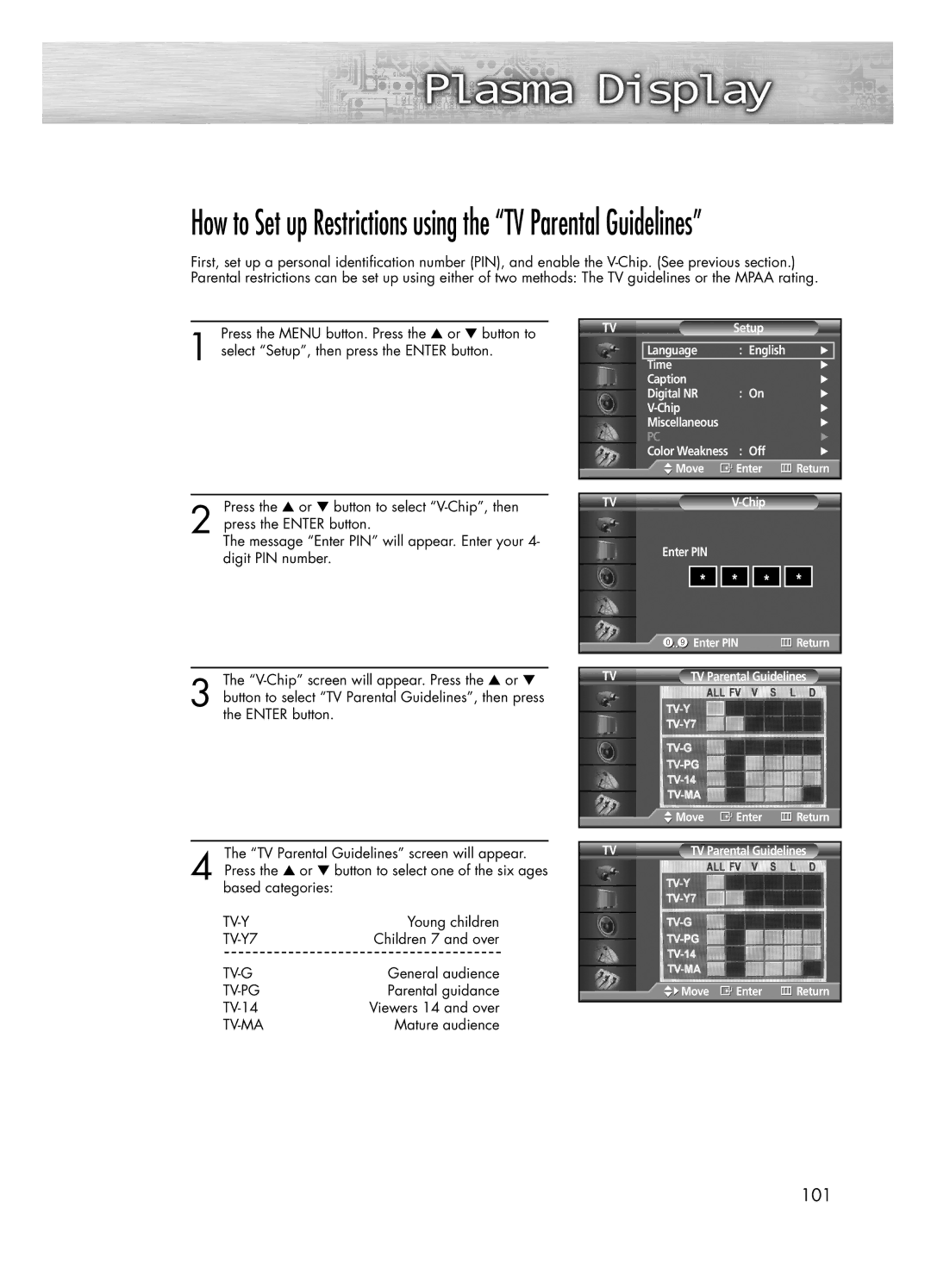 Samsung PL-50D4H manual How to Set up Restrictions using the TV Parental Guidelines 