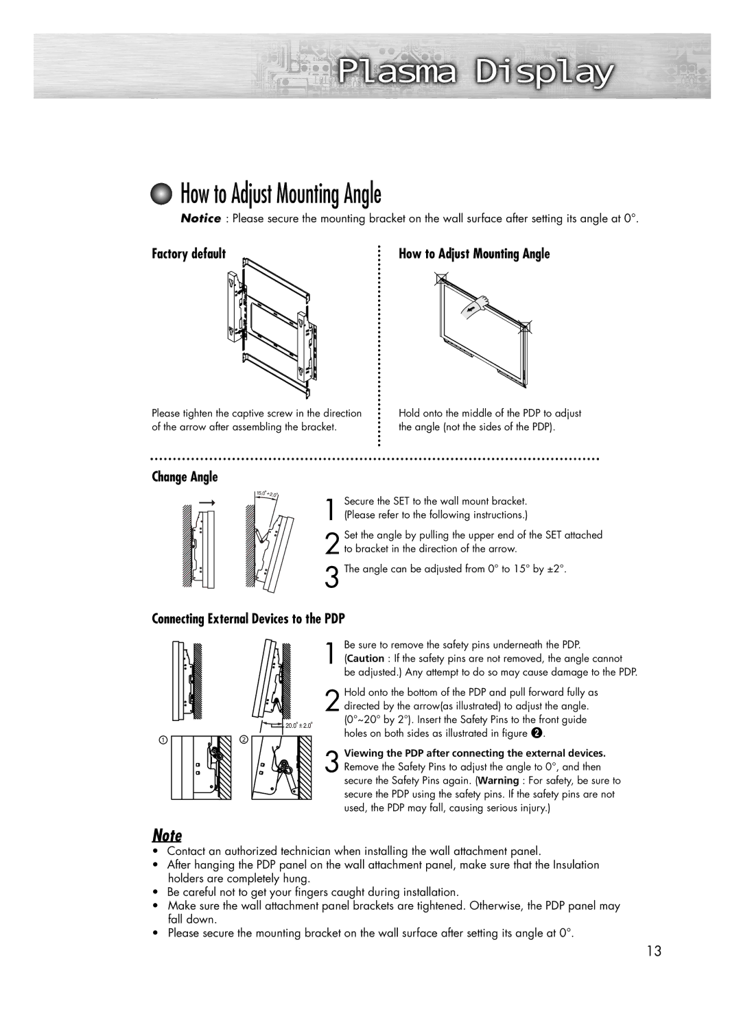 Samsung PL-50D4H manual How to Adjust Mounting Angle, Factory default, Change Angle, Connecting External Devices to the PDP 