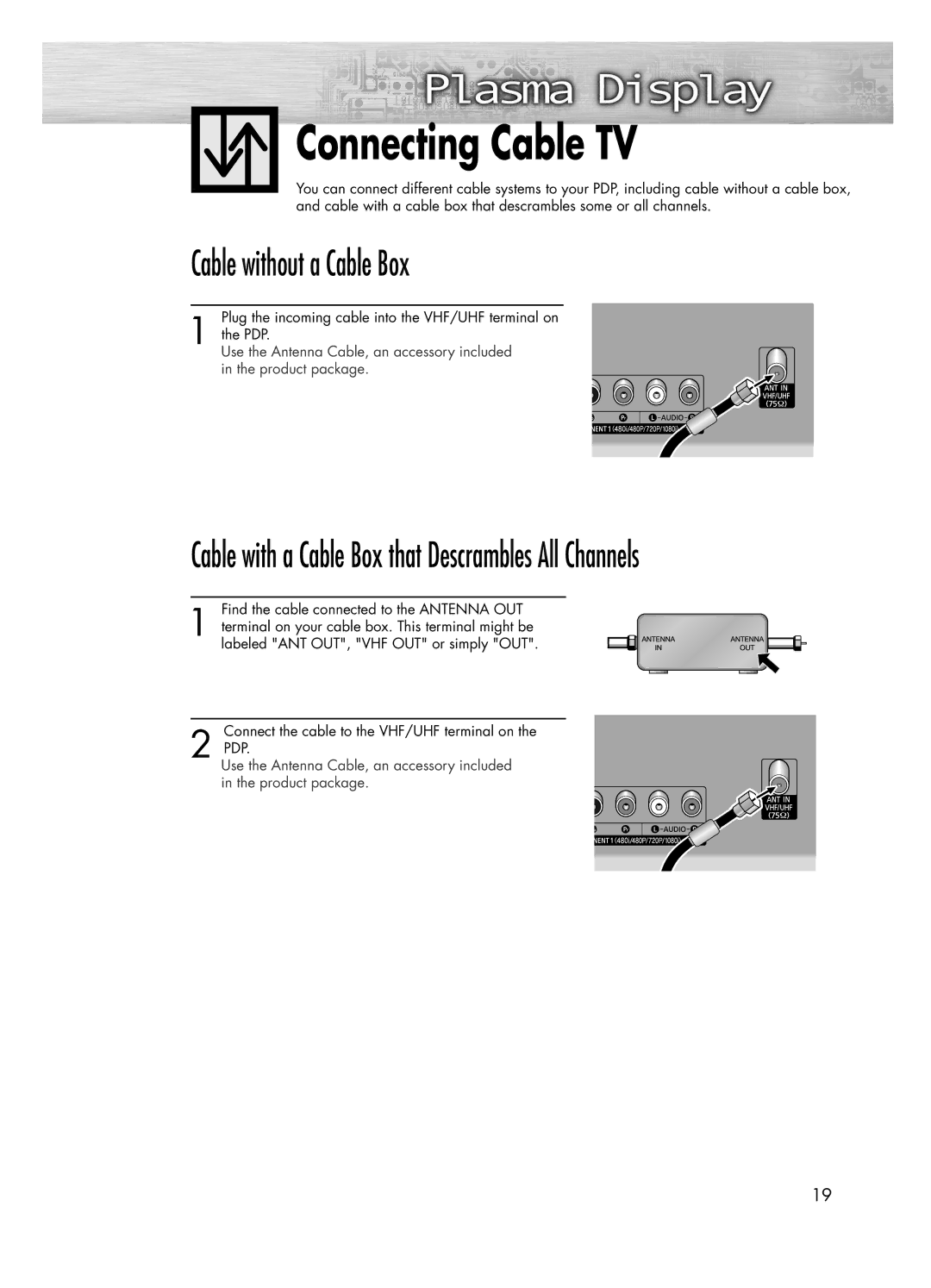 Samsung PL-50D4H manual Connecting Cable TV, Cable without a Cable Box 