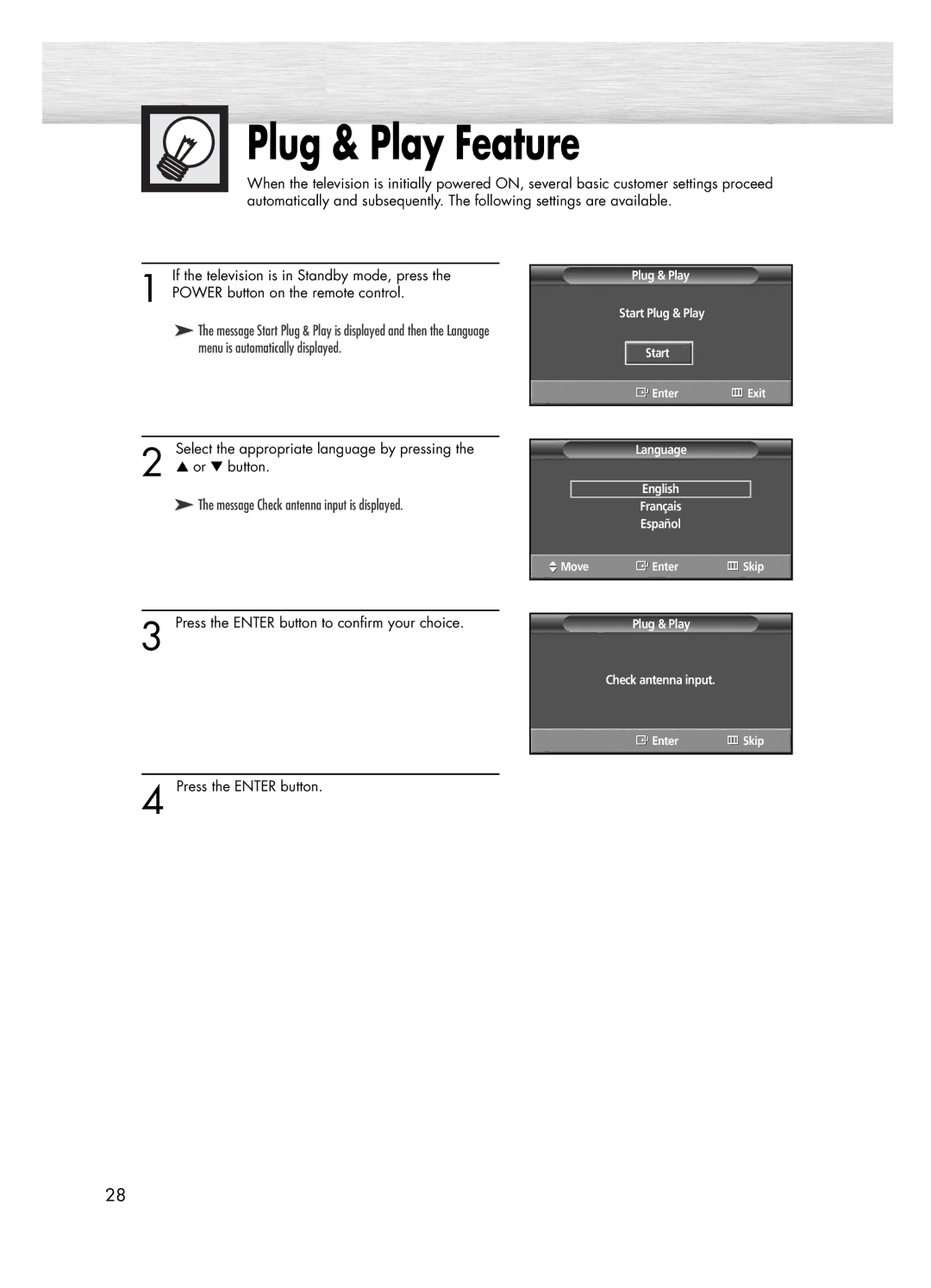 Samsung PL-50D4H manual Plug & Play Feature, Message Check antenna input is displayed 