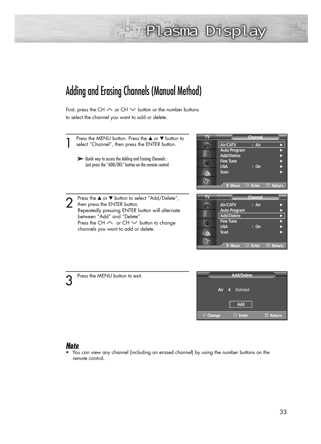 Samsung PL-50D4H manual Adding and Erasing Channels Manual Method 