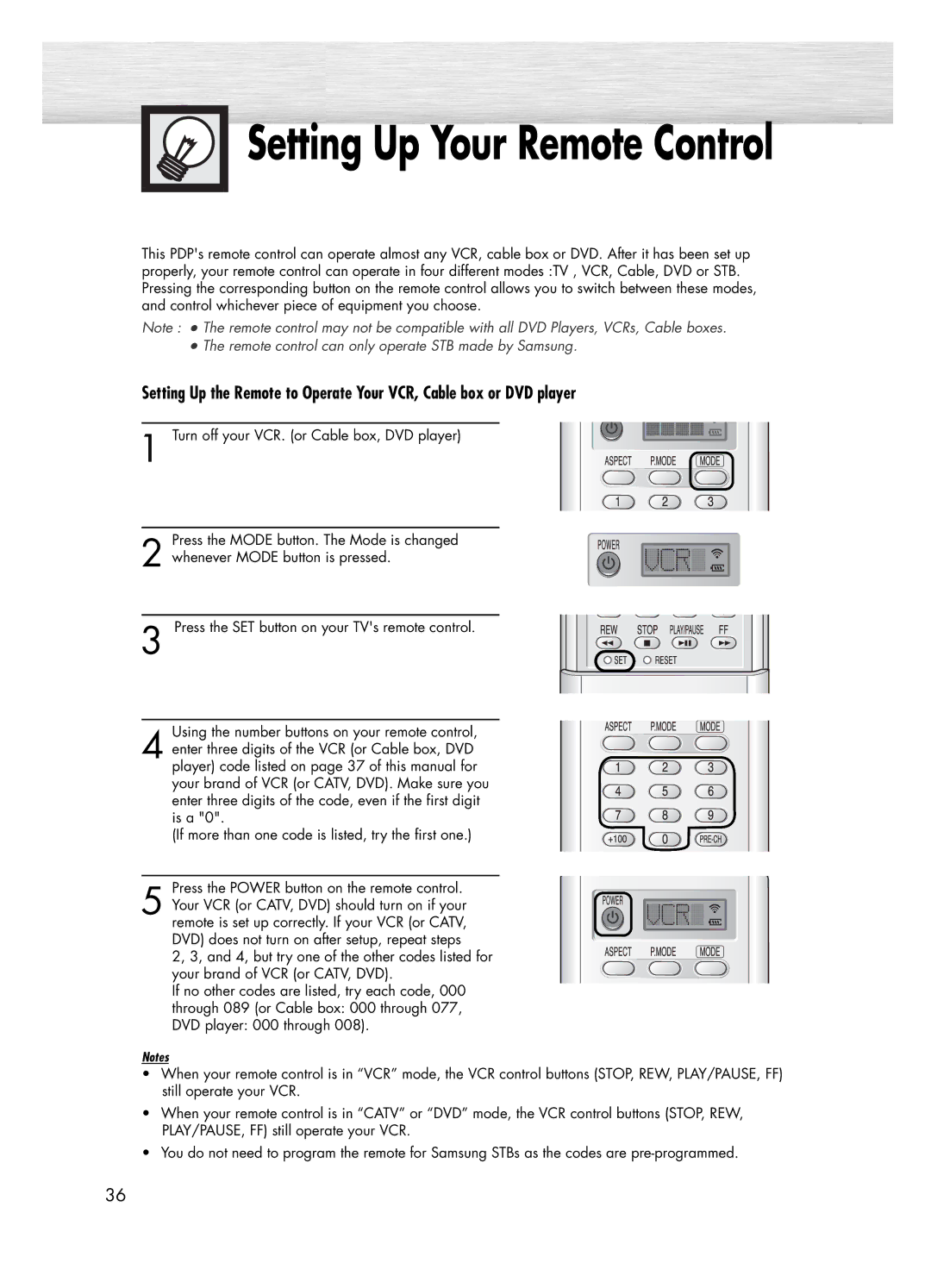 Samsung PL-50D4H manual Setting Up Your Remote Control 