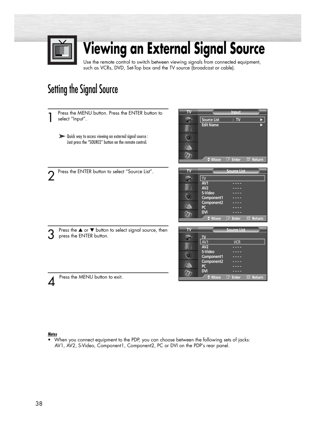 Samsung PL-50D4H manual Viewing an External Signal Source, Setting the Signal Source 